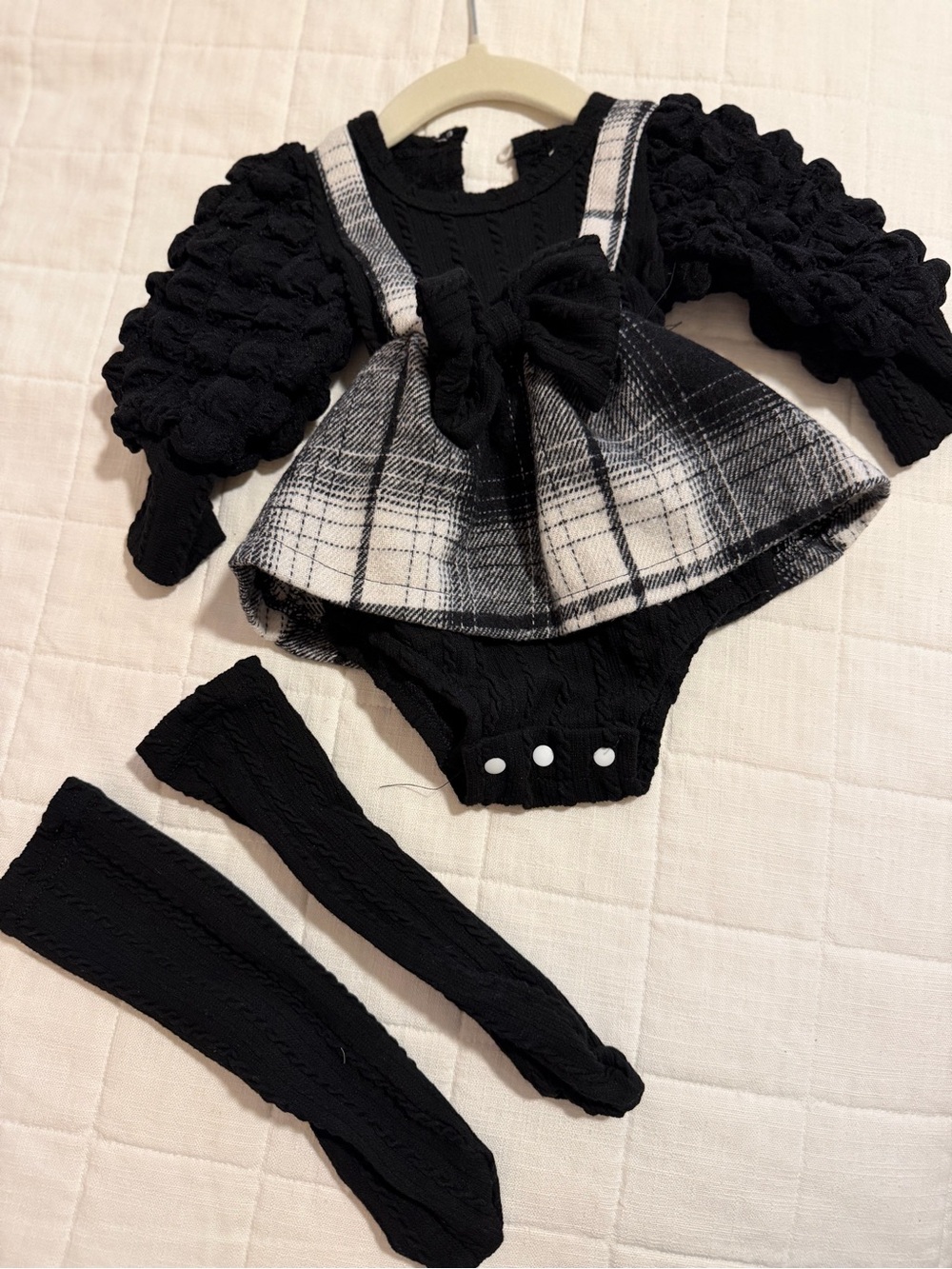 Black Knit Bubble Sleeve Dress + Plaid Pinafore Bodysuit Set